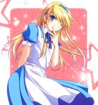  alice_(wonderland) alice_(wonderland)_(cosplay) alice_in_wonderland apron bad_id bad_pixiv_id blonde_hair blue_eyes cosplay crossdressing hair_ribbon hairband kuma_(persona_4) long_hair male_focus mayokichi one_eye_closed otoko_no_ko persona persona_4 ribbon solo star 