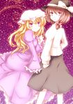  bad_id bad_pixiv_id blonde_hair bow brown_hair hat hat_bow long_hair long_sleeves looking_back maribel_hearn multiple_girls pink_eyes puffy_sleeves red_eyes sanotsuki short_hair touhou usami_renko white_bow wide_sleeves 