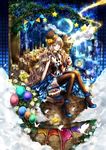  bare_shoulders bird black_legwear dress egg hat highres magic original rainbow silver_hair sitting solo thighhighs wand wavy_hair yuki_mami 