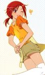  ;d apron casual from_behind hair_tie heart hino_akane_(smile_precure!) kneeling looking_back mattaku_mousuke one_eye_closed open_mouth orange_shirt polka_dot polka_dot_background precure red_eyes red_hair shirt shorts smile smile_precure! solo thighhighs white_legwear 