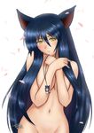  2012 ahri animal_ears bangs blue_hair blush braid breasts cleavage covering covering_breasts dated fingernails fox_ears groin keychain league_of_legends long_hair looking_at_viewer medium_breasts navel no_tail nude petals signature simple_background solo tears tonnelee very_long_hair white_background yellow_eyes 