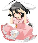  ahoge animal_ears berry_jou black_hair bunny_ears bunny_pose bunny_tail carrot carrot_necklace dress inaba_tewi jewelry necklace one_eye_closed pendant red_eyes short_hair smile solo tail touhou 