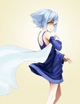  bare_legs bare_shoulders blue_hair blue_skirt detached_sleeves highres original pas_(paxiti) pilo short_hair simple_background skirt smile solo v yellow_eyes 