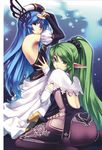  armpits arms_up blue_hair detached_sleeves dress espgarude_(spectral_force) expressionless gabella_(spectral_force) green_eyes green_hair hat hirano_katsuyuki long_hair multiple_girls official_art pantyhose pointy_ears ponytail puffy_sleeves red_eyes sitting skirt spectral_(series) spectral_force_genesis wariza white_dress 