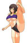  1girl blush breasts flexible highres kodamashi large_breasts leg_up mazokano_hamareta_rikujobuin simple_background solo underboob 