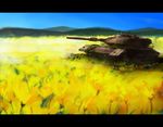  field flower flower_field gochou_(atemonai_heya) ground_vehicle hill kino_no_tabi landscape leopard_2 letterboxed main_battle_tank military military_vehicle moss motor_vehicle no_humans scenery sky tank tank_focus 