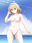  alice_margatroid bad_id bad_pixiv_id bare_shoulders bikini bird blonde_hair blue_eyes cloud collarbone condensation_trail day groin hairband hand_in_hair highres open_mouth rifa_(xrefi) short_hair side-tie_bikini sky solo swimsuit touhou water white_bikini 