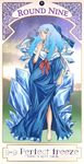  1girl 362_(mimuni) art_nouveau bare_shoulders barefoot blue_eyes blue_hair bow card cirno dress english gown hair_bow hair_ornament highres ice ice_wings long_hair older snowflakes solo touhou wings 