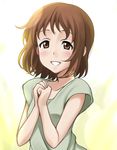  bad_id bad_pixiv_id blush brown_eyes brown_hair casual hands_together highres ikari_manatsu looking_at_viewer short_hair smile solo takanashi_nazuna upper_body working!! 