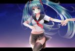  bad_id bad_pixiv_id banned_artist black_legwear green_eyes green_hair hatsune_miku holding_hands letterboxed long_hair looking_at_viewer midriff navel neckerchief out_of_frame pleated_skirt school_uniform serafuku skirt smile solo_focus thighhighs tsukiriran twintails very_long_hair vocaloid 