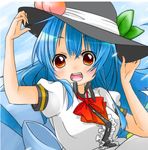  adjusting_clothes adjusting_hat berry_jou blue_hair bow fang food fruit hat hinanawi_tenshi leaf long_hair open_mouth peach red_eyes short_sleeves solo touhou 