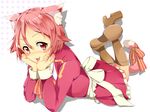  absurdres animal_ears apron blush boots bow cat_ears dress fang freckles highres kemonomimi_mode lisbeth lying moripomera on_stomach pink_eyes pink_hair ribbon short_hair solo sword_art_online tail tongue 