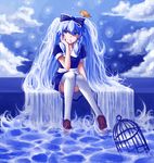  animal animal_on_head bird bird_on_head birdcage blue blue_eyes blue_hair blue_skirt bow cage chin_rest cloud cloudy_sky copyright_request hair_bow highres knees_together_feet_apart liquid_hair loafers long_hair on_head pas_(paxiti) shoes sitting skirt sky solo thighhighs twintails very_long_hair water white_legwear 