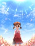  bad_id bad_pixiv_id brown_eyes brown_hair child day doujima_nanako flower highres kamio_an persona persona_4 short_twintails sky solo twintails 