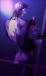  back_cutout backless_outfit caster caster_(cosplay) cosplay dagger dress fate/stay_night fate_(series) from_behind gloves kotomine_kirei male_focus pointy_ears purple rulebreaker shaliva solo weapon 