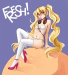  bikini blonde_hair blue_background bubble_blowing chewing_gum cure_peach earrings flat_chest fresh_precure! grado_labs headphones high_heels jewelry long_hair looking_at_viewer momozono_love navel pas_(paxiti) pink_eyes precure shoes side-tie_bikini sitting solo swimsuit thighhighs very_long_hair white_bikini white_legwear 