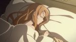  animated animated_gif asuna_(sao) bed brown_hair kirito long_hair lowres poking smile sword_art_online waking_up 