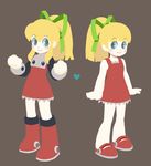  blonde_hair blue_eyes blush boots brown_background coramune dress dual_persona flat_color full_body heart knee_boots ponytail red_skirt ribbon rockman rockman_(classic) roll simple_background skirt smile 