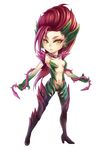  absurdres boots breasts chibi earrings fukafusa full_body high_heels highres jewelry league_of_legends long_hair medium_breasts monster_girl navel plant red_hair shoes solo thigh_boots thighhighs thorns vines white_background yellow_eyes zyra 