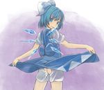  ass bad_id bad_pixiv_id bloomers blue_eyes blue_hair bow cirno dress dress_lift from_behind hair_bow kinoto_(ruindivinity) looking_back short_hair smile solo torn_clothes touhou underwear wings 