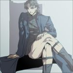  brown_eyes brown_hair cassock cross cross_necklace crossed_legs fate/stay_night fate_(series) jewelry kotomine_kirei male_focus necklace no_pants shaliva sitting solo 