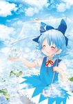  absurdres berry_jou blue_hair blush bow cirno closed_eyes dress flower frog frozen frozen_frog hair_bow highres open_mouth short_sleeves sky smile snail solo touhou umbrella 