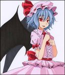  ascot bad_id bad_pixiv_id ballpoint_pen_(medium) bat_wings blue_hair frame hands_on_own_chest hat hat_ribbon light_smile marker_(medium) open_mouth puffy_sleeves red_eyes remilia_scarlet ribbon s-syogo shikishi shirt short_hair short_sleeves skirt skirt_set solo touhou traditional_media upper_body wings 