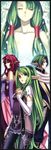  3girls azalea_(spectral_force) bare_shoulders black_legwear character_request closed_eyes elf expressionless gabella_(spectral_force) green_hair hair_tubes hirano_katsuyuki long_hair multiple_girls official_art pantyhose pointy_ears ponytail red_hair sidelocks skirt spectral_(series) spectral_force_genesis 