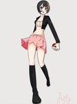  angromeda black_hair blue_eyes boots flower jacket leather leather_jacket legs midriff navel open_mouth original poke_ball pokemon short_hair skirt smile solo stomach 