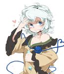  bare_shoulders blue_eyes breasts cleavage colored_eyelashes eyebrows heart heart_of_string iroyopon komeiji_koishi off_shoulder short_hair simple_background sketch small_breasts smile solo sweat thick_eyebrows third_eye touhou upper_body white_background 