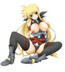  belt black_legwear blonde_hair boots bow breast_hold breasts breasts_outside buckle cameltoe fate_testarossa gauntlets hair_bow highres large_breasts long_hair lyrical_nanoha mahou_senki_lyrical_nanoha_force nipples panties red_eyes sitting solo thighhighs underwear yajima_index 