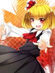  ascot bad_id bad_pixiv_id blonde_hair checkered checkered_background dress dutch_angle hair_ribbon long_sleeves open_mouth outstretched_arms red_eyes ribbon rumia sayuma solo touhou 