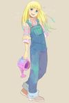  blonde_hair blue_eyes boots claire_(harvest_moon) denim full_body harvest_moon irumineko long_hair open_mouth overalls smile solo watering_can 