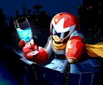  arm_cannon blues_(rockman) city coramune cup drinking_glass helmet male_focus night robot rockman rockman_(classic) scarf smile solo sunglasses weapon wine_glass 