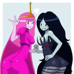  2girls \m/ adventure_time ass black_eyes black_hair blue_background breasts crown dress eric_lowery fang from_behind grin hand_holding heart highres interlocked_fingers large_breasts long_hair looking_back marceline marceline_abadeer multiple_girls pink_hair pink_skin princess_bonnibel_bubblegum princess_bubblegum sideboob simple_background smile ss2_(artist) striped striped_legwear tiara vampire very_long_hair wink 