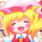  ^_^ animal_ears ascot ayakashi_(monkeypanch) bad_id bad_pixiv_id blonde_hair blush cat_ears closed_eyes dress_shirt fang flandre_scarlet hat kemonomimi_mode open_mouth outstretched_arms shirt short_hair smile solo touhou upper_body wings 