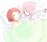  akaza_akari bed blue_eyes closed_eyes multiple_girls pink_hair red_hair sleeping takamatsuya yoshikawa_chinatsu yuru_yuri 