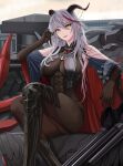  1girl absurdres aegir_(azur_lane) artillery ass asymmetrical_footwear azur_lane bare_shoulders black_cape bodystocking boots breast_curtains breasts brown_gloves cape cross cross-laced_clothes cross_earrings demon_horns earrings elbow_gloves feet_out_of_frame gloves hair_between_eyes hair_on_horn hand_in_hair highres horns impossible_clothes iron_cross jewelry knee_boots large_breasts long_hair looking_at_viewer multicolored_hair red_hair rigging sidraxiii single_knee_boot sitting skin_tight solo streaked_hair turret underbust uneven_footwear white_hair yellow_eyes 