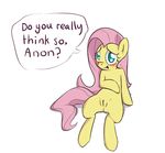  blue_eyes blush butt clopper-dude english_text equine female feral fluttershy_(mlp) friendship_is_magic hair hooves horse long_hair looking_at_viewer mammal my_little_pony open_mouth pegasus pink_hair plain_background pony pussy text white_background wings 