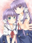  bad_id bad_pixiv_id blue_eyes clannad fujibayashi_kyou fujibayashi_ryou long_hair multiple_girls purple_eyes purple_hair satou_aoi school_uniform short_hair siblings sisters twins 