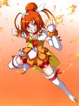  bike_shorts boots bow bowtie brooch choker clenched_hands cure_sunny fire full_body gradient gradient_background grin hair_bun hino_akane_(smile_precure!) jewelry kiriya_obu_gn magical_girl orange_(color) orange_background orange_eyes orange_hair orange_skirt precure red_choker red_neckwear red_shorts short_hair shorts shorts_under_skirt skirt smile smile_precure! solo thigh_boots thighhighs white_background white_legwear 