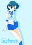  bishoujo_senshi_sailor_moon blue_eyes blue_hair boots bow character_name choker earrings english gloves highres jewelry magical_girl mercury_symbol mizuno_ami pleated_skirt sailor_collar sailor_mercury sailor_senshi_uniform seegeeq short_hair simple_background skirt smile solo tiara 