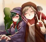  3boys bad_id bad_pixiv_id blush brown_hair green_hair grin highres hood hoodie kagerou_project kano_shuuya kido_tsubomi kisaragi_shintarou long_hair mekakushi_code_(vocaloid) multiple_boys pietani397 red_eyes seto_kousuke short_hair smile v vocaloid 