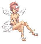  anklet bare_shoulders bikini breasts choker cleavage cosmic_break feathers gebyy-terar hair_feathers jewelry long_legs medium_breasts melfi pink_hair sandals side_ponytail sitting smile solo swimsuit wings yellow_eyes 