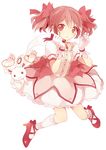  :3 bad_id bad_pixiv_id bow bubble_skirt dress gloves hair_bow kaname_madoka kyubey looking_at_viewer magical_girl mahou_shoujo_madoka_magica pink_hair red_eyes short_twintails simple_background skirt socks twintails uramakaron white_background 