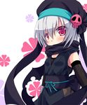  black_scarf blush fishnets hachisuka_goemon hat ninja oda_nobuna_no_yabou pink_eyes scarf short_hair silver_hair skull solo tougo 