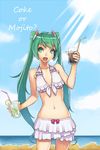  beach bikini coca-cola drink drinking_straw food fruit glass green_eyes green_hair hatsune_miku lime_(fruit) long_hair mojito navel ocean outdoors solo swimsuit twintails very_long_hair vocaloid water yuksi 