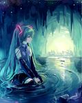  bad_id bad_pixiv_id cave detached_sleeves green_hair hatsune_miku highres long_hair necktie sitting skirt solo thighhighs twintails very_long_hair vocaloid water yuumare 