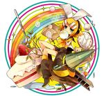  aqua_eyes arm_warmers bad_id bad_pixiv_id bare_shoulders blonde_hair bottle bubble bubble_blowing cake chewing_gum clock cup food fork fruit hair_ornament hair_ribbon hairclip haru_(oomr005) headphones highres kagamine_rin leg_warmers looking_at_viewer mug rainbow ribbon sailor_collar short_hair shorts sitting solo strawberry stuffed_animal stuffed_cat stuffed_toy umbrella vocaloid 