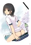  :o absurdres aoyama_sumika ass bangs black_eyes black_hair blush bottle cloud coffee-kizoku dutch_angle eyebrows_visible_through_hair from_behind gym_uniform highres looking_at_viewer looking_back original panties scan short_hair sitting sky solo thong underwear wedgie 